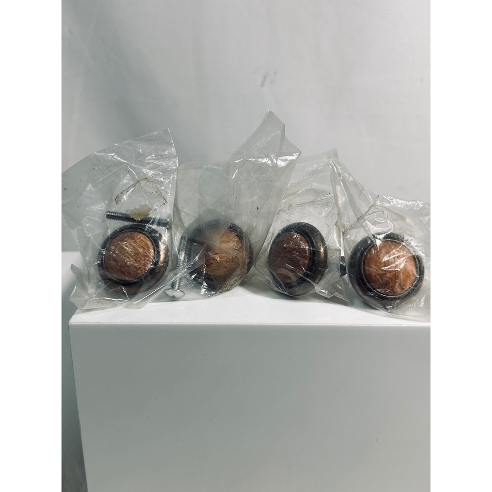Set of 4 Vintage Wood‎ Grain and Antique Bronze Cabinet Knobs Round Drawer Pulls